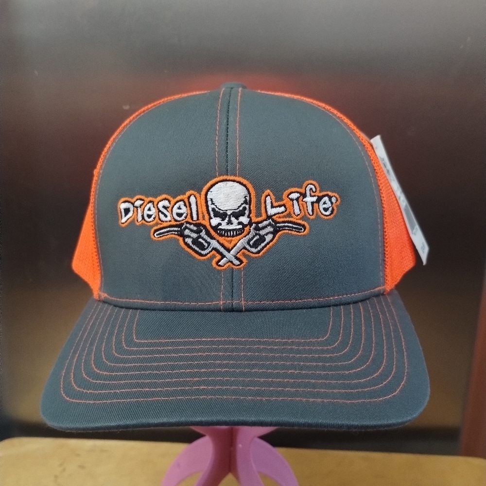 Diesel Life Snapback Trucker Hat Charcoal & Neon Orange Mesh Cap | Skull Logo